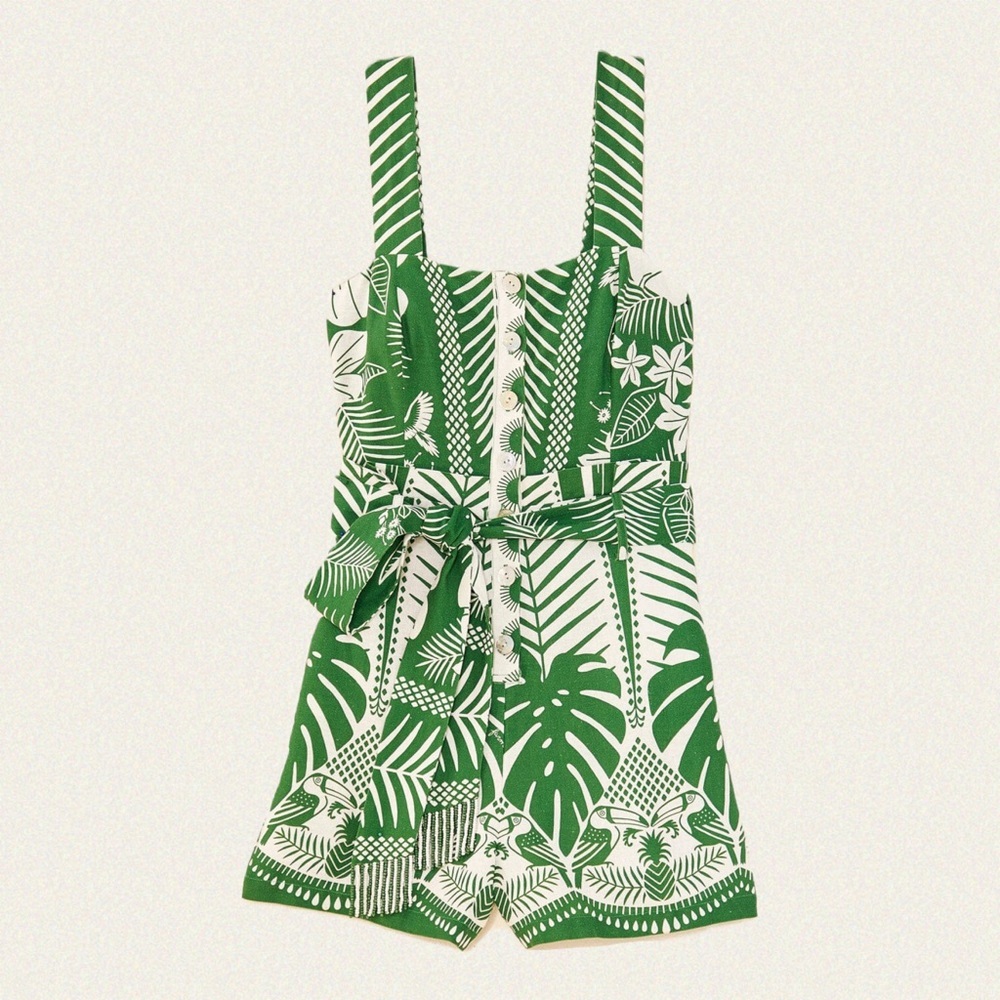 FARM Rio Green and White Tropical Jumpsuit XS